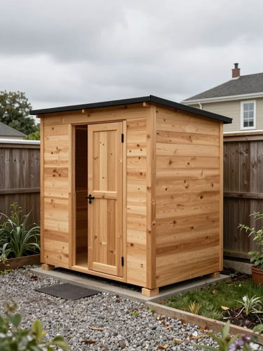 Wide environmental shot of a finished pine tool shed standing in a real residential garden, grey overcast daylight, ordinary wooden fence behind it, gravel path to the left, no people, timber grain visible on cladding, honest proportions