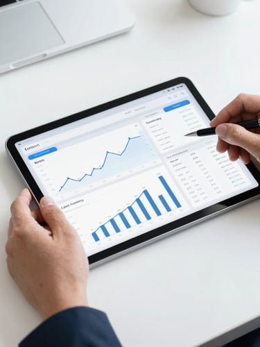 Overhead clean desk layout with a tablet showing a simplified financial dashboard, hands holding a pen, bright natural daylight with cool blue accents, sharp focus, 35mm