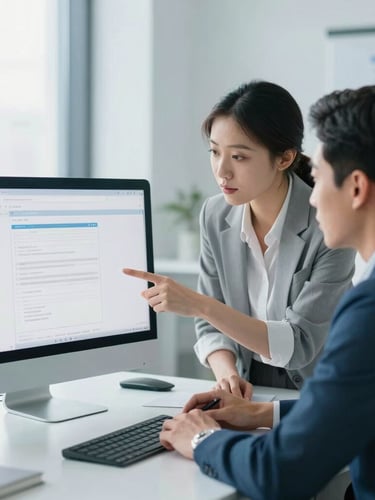 Focused collaborative consulting session in a modern bright workspace, two people analyzing a clean screen layout, professional daylight, soft cool blue atmosphere, 35mm