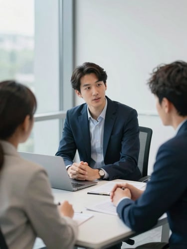 Focused collaborative consulting session between a digital advisor and a business owner in a bright modern office, natural light, 35mm