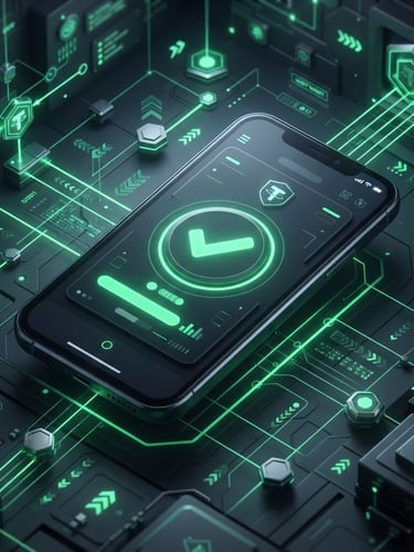 Sleek mobile payment screen showing a successful USDT purchase confirmation, electric green highlights, dark fintech aesthetic, isometric perspective, secure transaction nodes in background.
