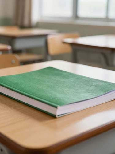 A close-up of neat study materials, a green notebook, and a wooden desk in a bright classroom, soft natural light, professional editorial style