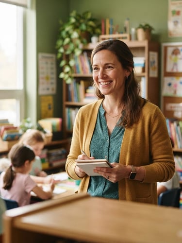 Professional editorial portrait of a smiling school teacher in a warm green classroom environment, soft natural window light, 50mm lens, highly detailed