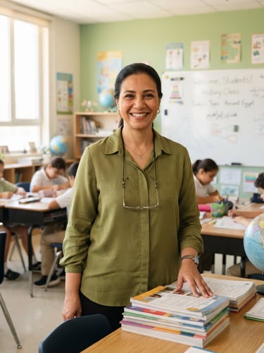 A professional editorial portrait of an Egyptian school teacher in a clean classroom, warm green tones, natural window light, 50mm lens