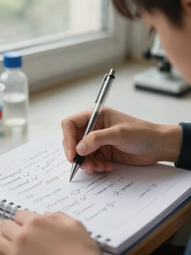 A close-up of a student's hand holding a pen over a chemistry notebook with handwritten formulas, bright natural daylight from a window.