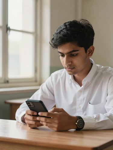 A focused Pakistani student studying on a mobile phone at a wooden desk, soft natural daylight from a window, clean academic setting.