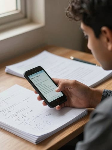 A Pakistani Matric student focusing on a smartphone displaying a practice test, notebooks with handwritten physics formulas on a wooden desk, soft morning window light, medium shot.