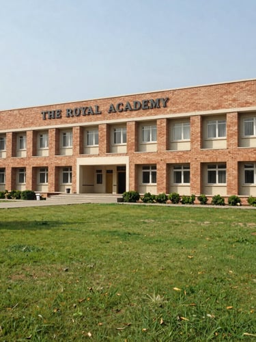 Bright daylight medium shot of the physical campus building of The Royal Academy in Bahria Town Lahore, showing its clean brick architecture and green lawns.