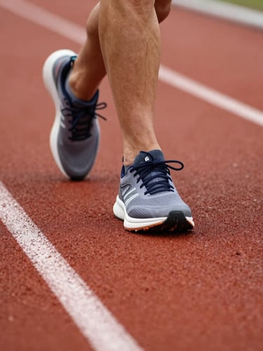Low-angle close-up of a runner's sneaker starting dynamically from a textured terracotta-colored rubber track, sharp white lane lines, natural overcast light.