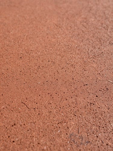 Low-angle macro shot of textured terracotta-colored SBR rubber flooring grain, natural overcast light, showing the porous and slip-resistant structural details, clean focus.