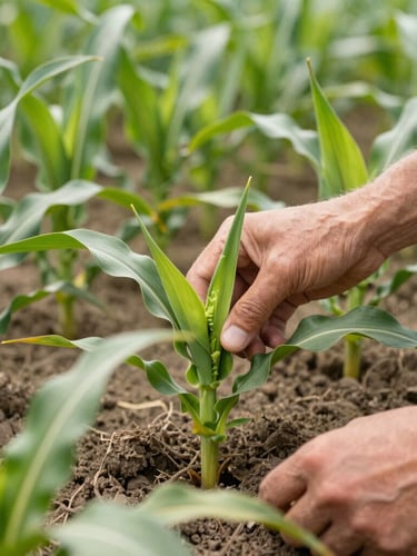 Gros plan sur un agronome de LeaderPem examinant des plants de maïs dans un champ, lumière naturelle du jour, sol riche et feuilles vertes, mise au point sur les mains et les plantes.
