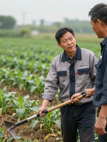 A medium shot of a LeaderPem technical team member, wearing a professional but practical uniform, demonstrating the use of a farm tool to a farmer in a lush green field. Both are engaged in discussion, with healthy crops in the background. Natural overcast daylight, rich soil tones and deep greens, shallow depth of field, 35mm.
