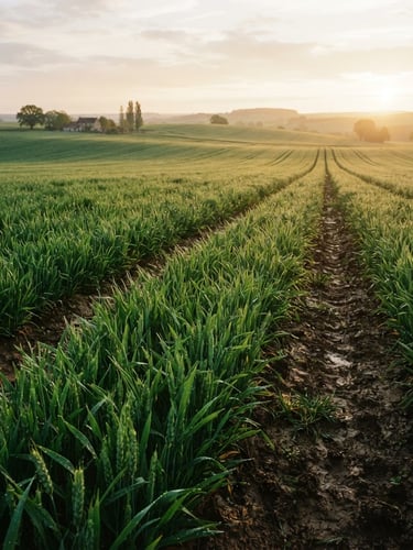 Vue panoramique d'un champ de cultures saines et luxuriantes au lever du soleil, avec un sol riche et sombre visible, lumière naturelle du jour, tons verts profonds et bruns de terre, faible profondeur de champ