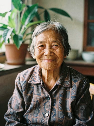 A warm portrait of an elderly Vietnamese woman smiling gently, soft golden natural daylight, indoor setting with green plants, 35mm film look