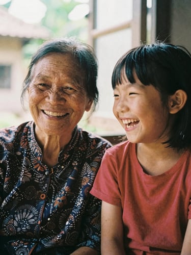 Close-up of a Vietnamese grandmother and granddaughter laughing together, warm natural daylight filtering through a window, 35mm film look
