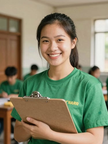 Portrait of a young Vietnamese female volunteer smiling warmly, wearing a green t-shirt, holding a clipboard in a bright community center, warm daylight, 35mm film look.