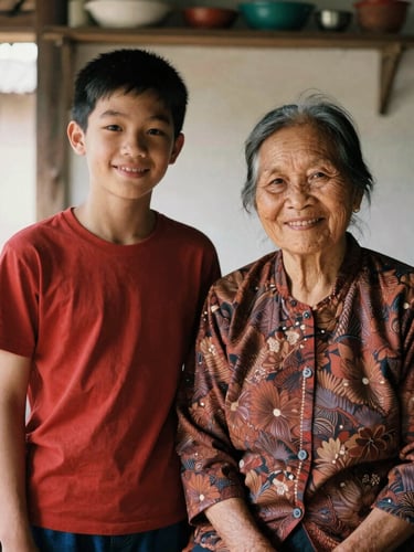 Warm editorial portrait of a Vietnamese grandmother and her teenage grandson sharing a smile in a sunlit kitchen, 35mm film look, rich organic tones