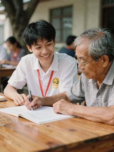 Candid medium shot of a young Vietnamese volunteer smiling while helping an elder study at a brightly lit wooden table, warm natural daylight, 35mm film look.