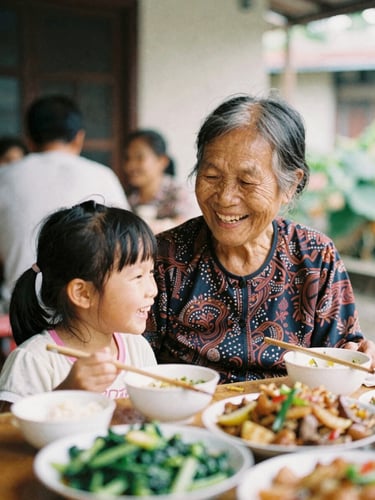 A warm, candid photograph of a Vietnamese grandmother and granddaughter laughing together over a shared meal, soft natural daylight, 35mm film look.