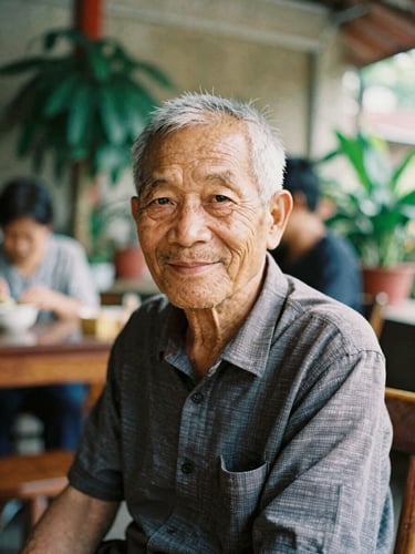Warm candid portrait of a Vietnamese elder smiling gently in soft natural daylight, cozy indoor community center setting with green plants, 35mm film look