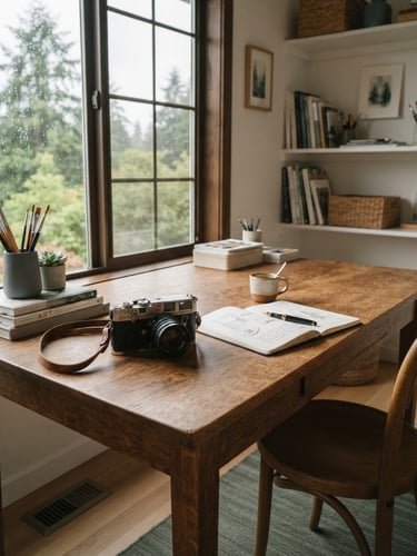Warm editorial photography of a tidy, organized creative workspace in Kirkland, soft overcast daylight streaming through a window, evergreen tones, 35mm