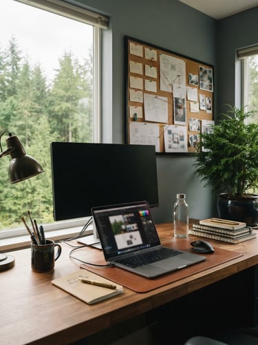 An organized Pacific Northwest creative office desk with planning boards, natural window light, evergreen plant in corner, professional and structured
