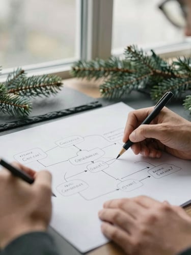 Close-up of a collaborative planning session, hands sketching a workflow diagram on a paper board, natural overcast window light, slate and evergreen accents, 35mm