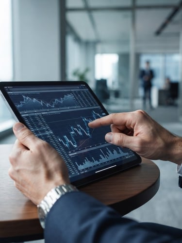 Close-up of professional hands analyzing financial data on a tablet, clean architectural lines, bright natural daylight, cool undertones