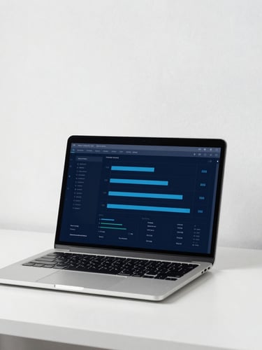 Minimalist workspace with clean desk layout, a modern laptop showing charts, bright natural daylight with cool undertones, sharp focus
