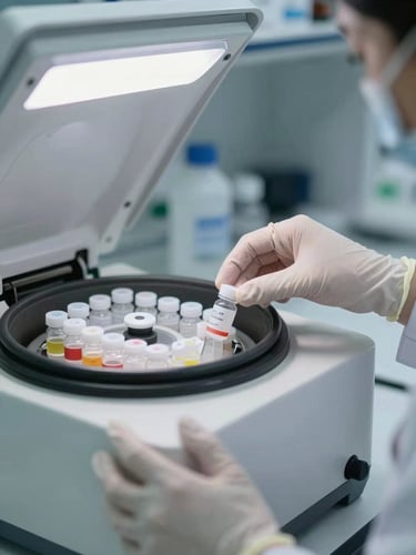 Close-up of gloved hands loading sample vials into a centrifuge in a clinical laboratory, bright overhead fluorescent lighting, crisp white bench surface, sharp depth of field on the vials