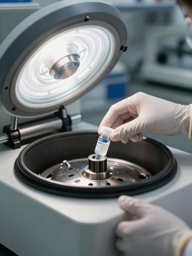 Close-up of gloved hands loading sample vials into a centrifuge rotor under bright clinical fluorescent light, stainless steel equipment surface in sharp focus, laboratory background softly visible, no people's faces shown