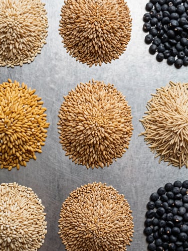 Overhead flat-lay of bulk whole grains and legumes sorted into precise rows on a matte steel surface under bright even studio light, extreme close-up texture revealing grain surface detail, cool daylight white balance, no shadows