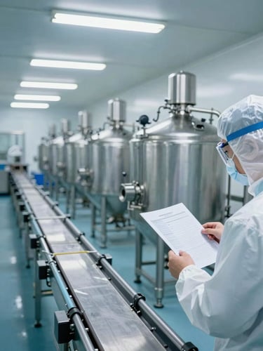 Wide panoramic view of an industrial food production floor, stainless steel mixing equipment and conveyor lines stretching to the left third, a technician in protective gear examining a printed specification sheet in the right foreground, bright even overhead fluorescent studio lighting, cool blue-tinted industrial environment, sharp detail across depth of field