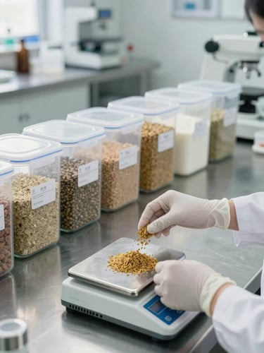 Wide environmental shot of a professional food science test kitchen — stainless steel work surfaces, precise measuring equipment, and bulk ingredient containers arranged in a row, a pair of gloved hands measuring a dry ingredient into a precision scale in the foreground, bright even north-facing daylight, cool-toned, clinical clarity, no food cheerfulness
