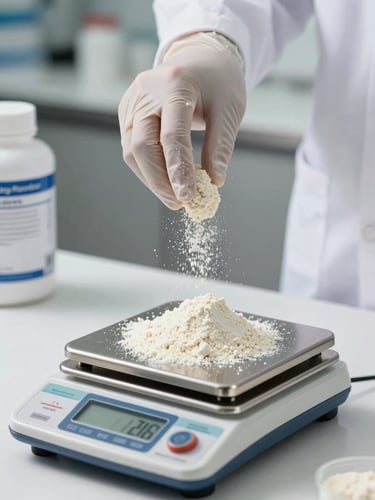 Extreme close-up of a food scientist's gloved hands precisely weighing a pale protein isolate powder on a calibrated scale in a bright test kitchen, even north-facing studio light, clinical white surfaces, formula documentation visible in the shallow background