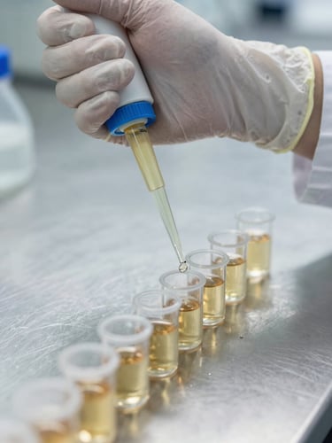 Extreme close-up overhead flat-lay of a technician's gloved hands pipetting a pale amber liquid into a row of small sample vials on a stainless steel lab bench, bright even north-facing studio light, high texture clarity, cool clinical tones, no faces visible