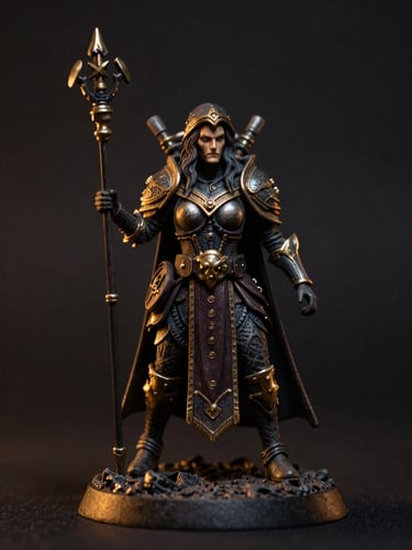 Macro close-up of a highly detailed tabletop fantasy figurine, low-key studio lighting with golden highlights, deep shadows