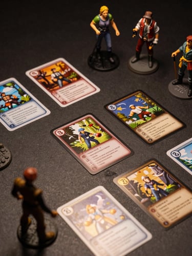 Overhead flat-lay of detailed tabletop gaming figurines and custom trading cards on a dark graphite surface, low-key warm studio lighting, 35mm