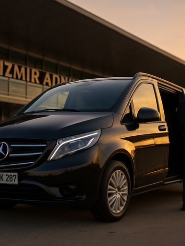 Low-angle heroic shot of a gleaming black Mercedes-Benz Vito parked outside İzmir Adnan Menderes Airport terminal at golden hour, warm reflections on the polished body, professional chauffeur in a sharp suit waiting by the open door.