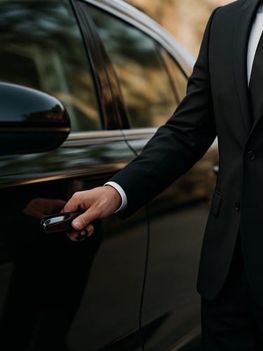 Close-up of a professional chauffeur in a sharp tailored suit opening the passenger door of a gleaming black luxury vehicle, elegant and respectful gesture.