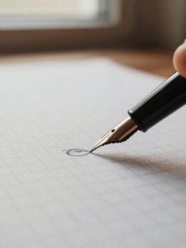 Close-up macro of a fountain pen drawing a precise wireframe on textured grid paper, warm natural light, shallow depth of field