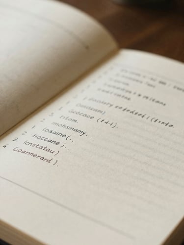 Warm editorial macro photograph of an open notebook with handwritten code and scribbled margins on textured cream paper, soft natural window light, shallow depth of field