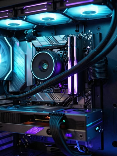 Macro shot of a custom liquid-cooled PC interior with glowing neon cyan and electric purple LED paths, clean cable management, premium hardware components, 35mm lens