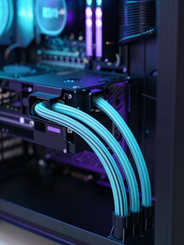 Close-up of clean cable management inside a high-end PC chassis, neon cyan and electric purple ambient light, professional workspace