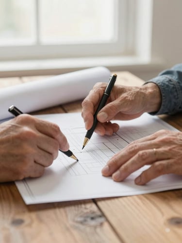Close-up of hands of two generations reviewing a blueprint together on a rustic wooden table, soft natural side lighting, warm tones
