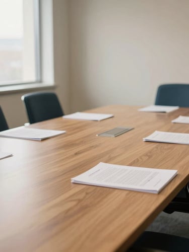 Warm editorial photography of a spacious, orderly corporate meeting room with soft window daylight, a solid oak table with neat documents, muted navy and beige tones, shallow depth of field, 35mm