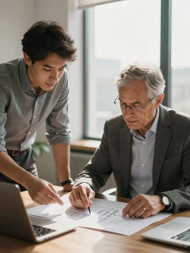 warm editorial photography, soft window daylight, muted corporate tones, shallow depth of field, 35mm. A senior founder and a younger successor reviewing blueprint documents on a wooden table in a sunlit office.