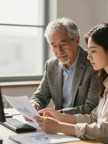 Warm editorial photography of a senior business owner and his daughter discussing charts in a sunlit office, soft window light, professional and respectful atmosphere