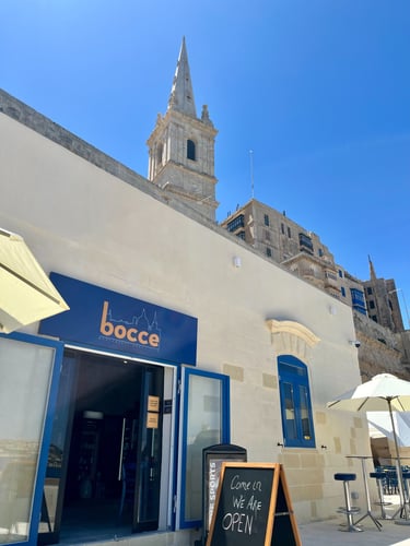 outside bocce bistro with valletta in the background