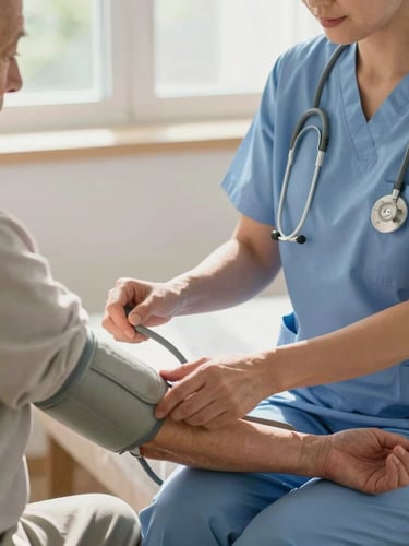A professional caregiver in clean medical scrubs checking the blood pressure of an elderly patient in a sunlit home setting, medium close-up, bright morning daylight